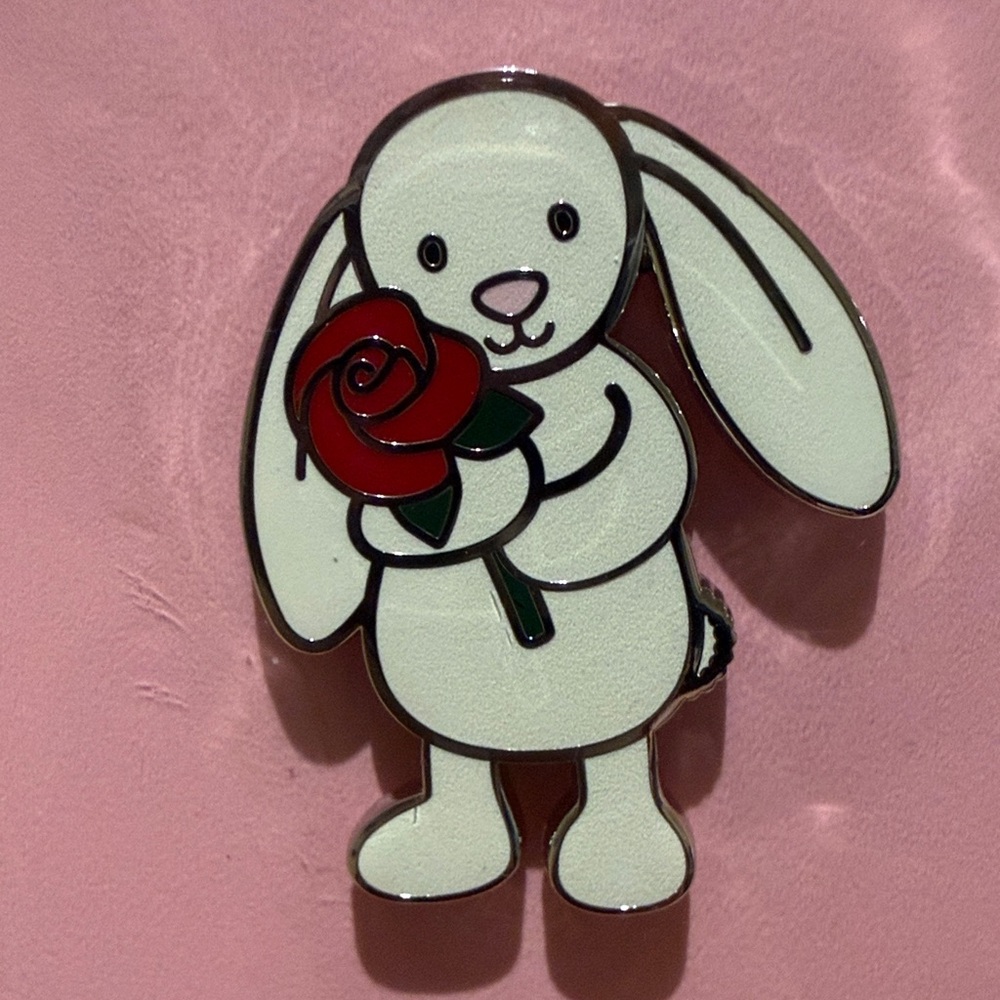 Jellycat Bunny Holding a Red Rose Enamel Pin Badge.